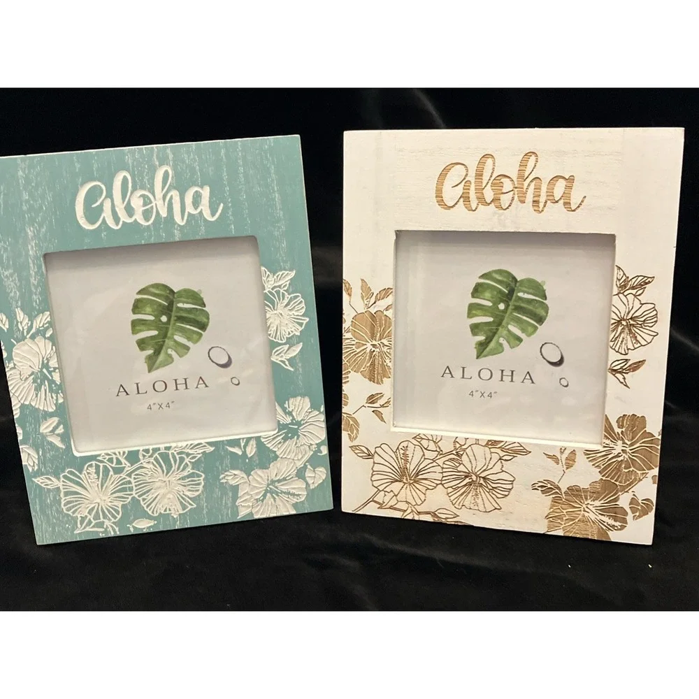 Chiefly Hawaiian Aloha 4x4 Picture Frames Teal White Hibiscus Engraved Wood Set
